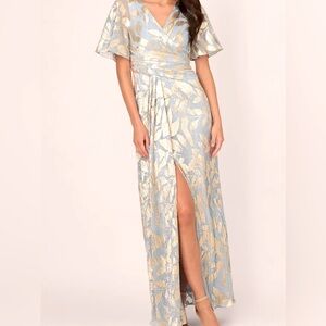 Adrianna Pappell metallic leaf gown, soft blue an gold